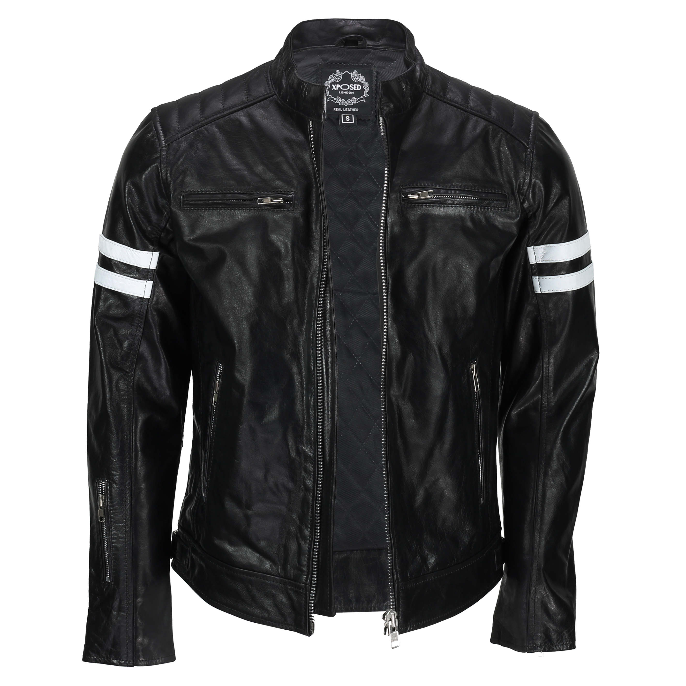Mens Real Leather Black White Stripes Racing Biker Jacket
